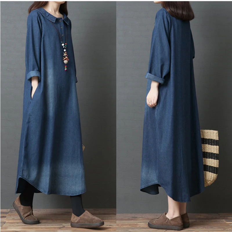 Плюс Размеры осень 2019 платье из джинсовой ткани Для женщин элегантные весенний