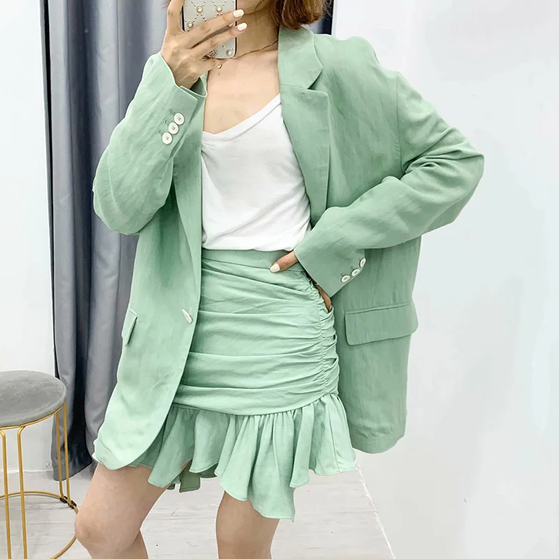 Женский офисный костюм-двойка зеленый Блейзер и юбка-карандаш в стиле ретро 2020 |