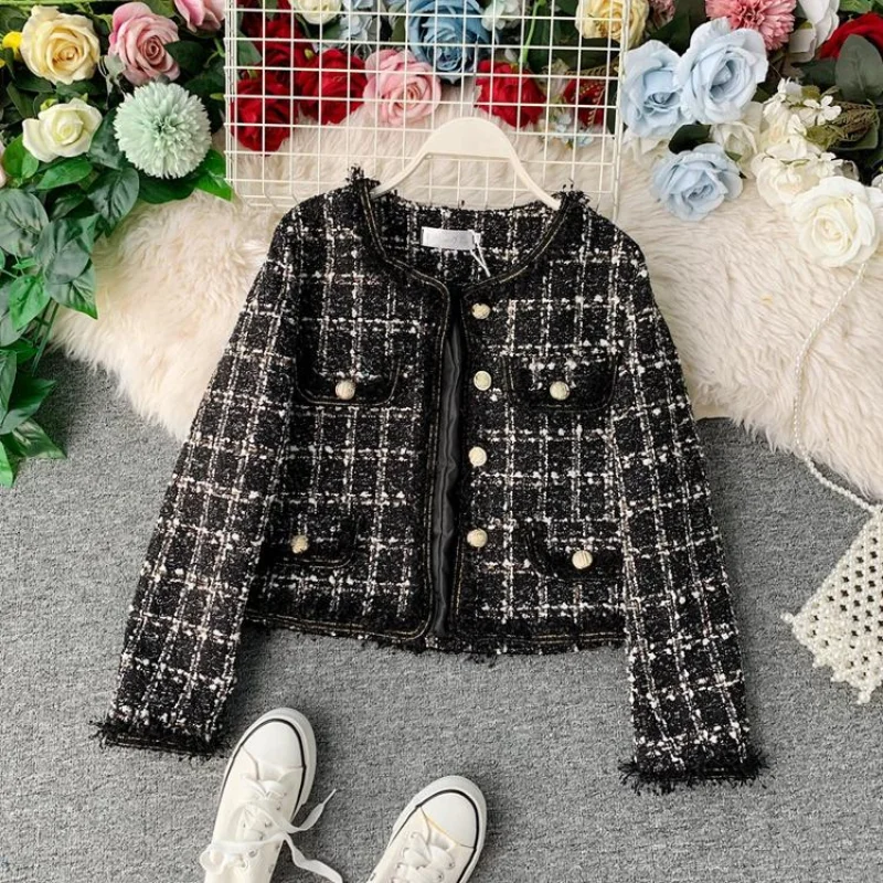 

New High Quality Ladies Style Tweed Coat Women Plaid Short Jacket 2021 Autumn Elegant Female Fashion Tassel Outwear