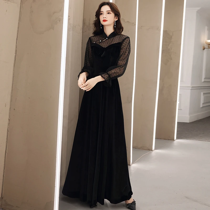 

Black High Neck Evening Dress Empire Full Sleeves Zipper Back Floor-Length Velour Pleat A-Line Woman Formal Party Gowns A1128