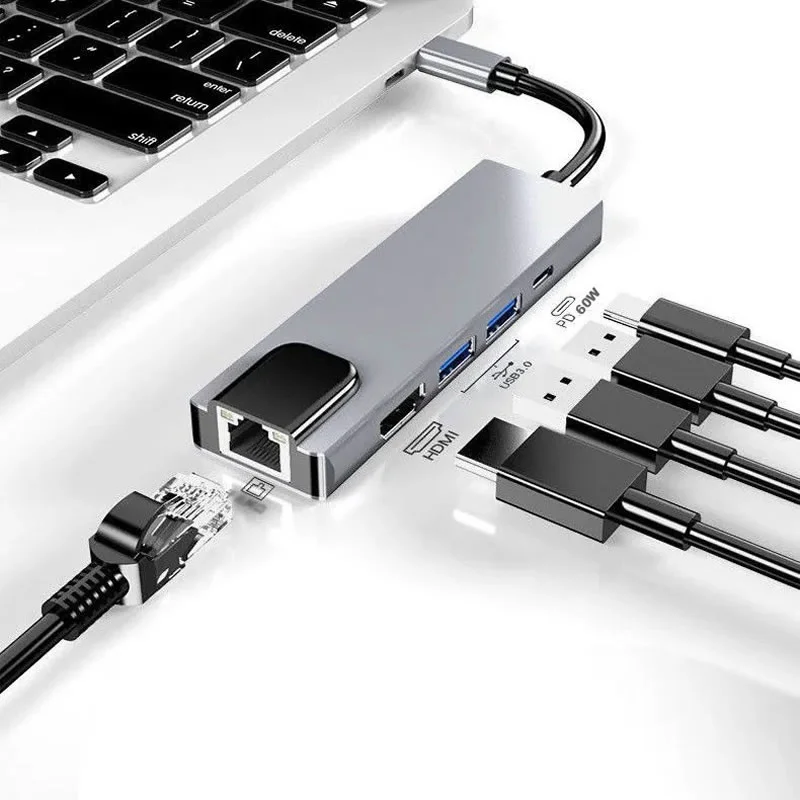 

USB C Hub Multiport Adapter with 1000M RJ45 Gigabit Ethernet,USB3.0 4k Output Network for MacBook Pro Typec Windows Laptops