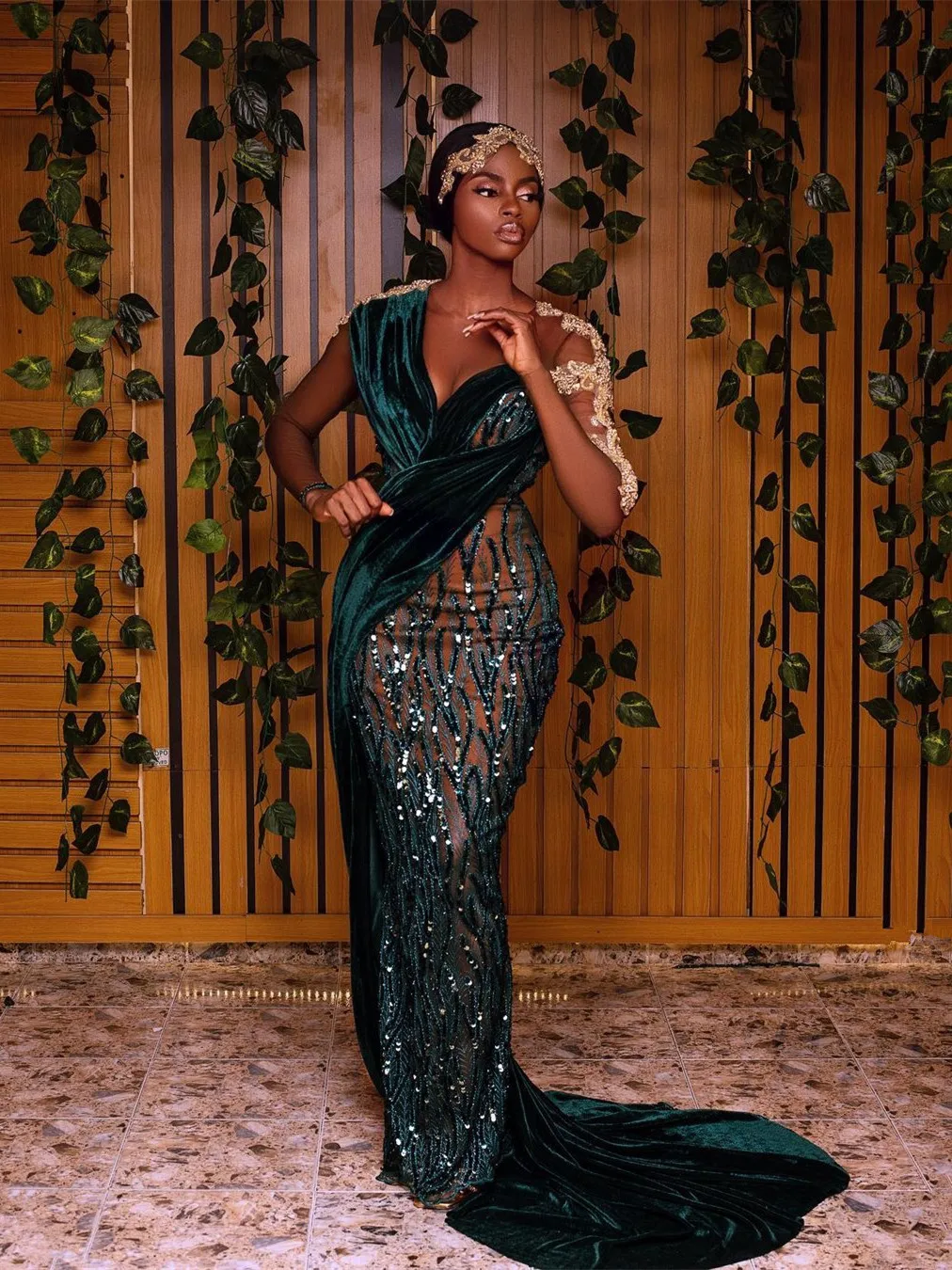 

Aso Ebi Mermaid Evening Dresses Long Sleeves Floor Length Beaded Sequins Floor Length Velvet Train Aso Ebi Style Prom Gowns