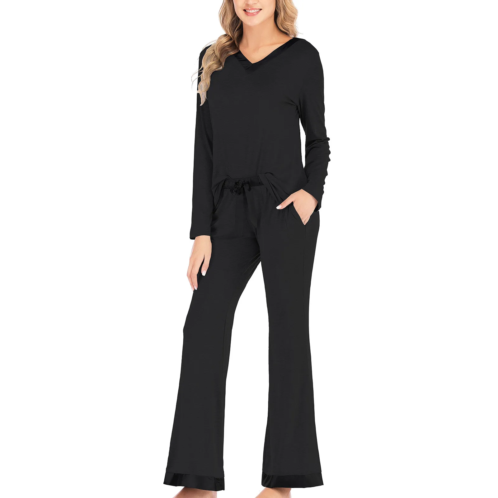 

Women Fashion Solid Color Sets Wear Lounge Wear Home Sleep Set Tops+Pants