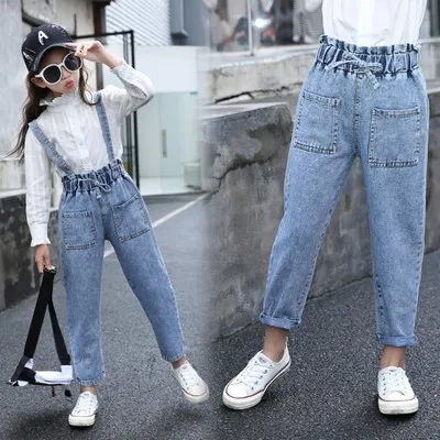 Джинсовые брюки для девочек и подростков повседневный комбинезон со съемным