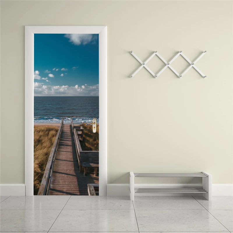 

Self-adhesive wooden bridge sea view art door stickers home decoration door cover wall stickers mural porch wallpaper poster
