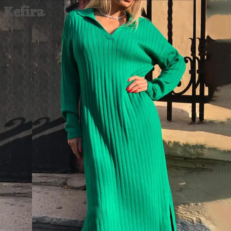 

Kefira 2021 Autumn Winter Oversize Knitted Sweater Dress Women V Neck Long Sleeve Green Fashion Casual Loose Split Midi Dresses