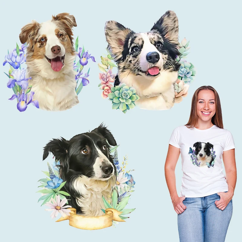 

Border Collie animals stickers Flowers Ironing stickers Patches for clothing Stickers on Clothes Thermal transfer printing
