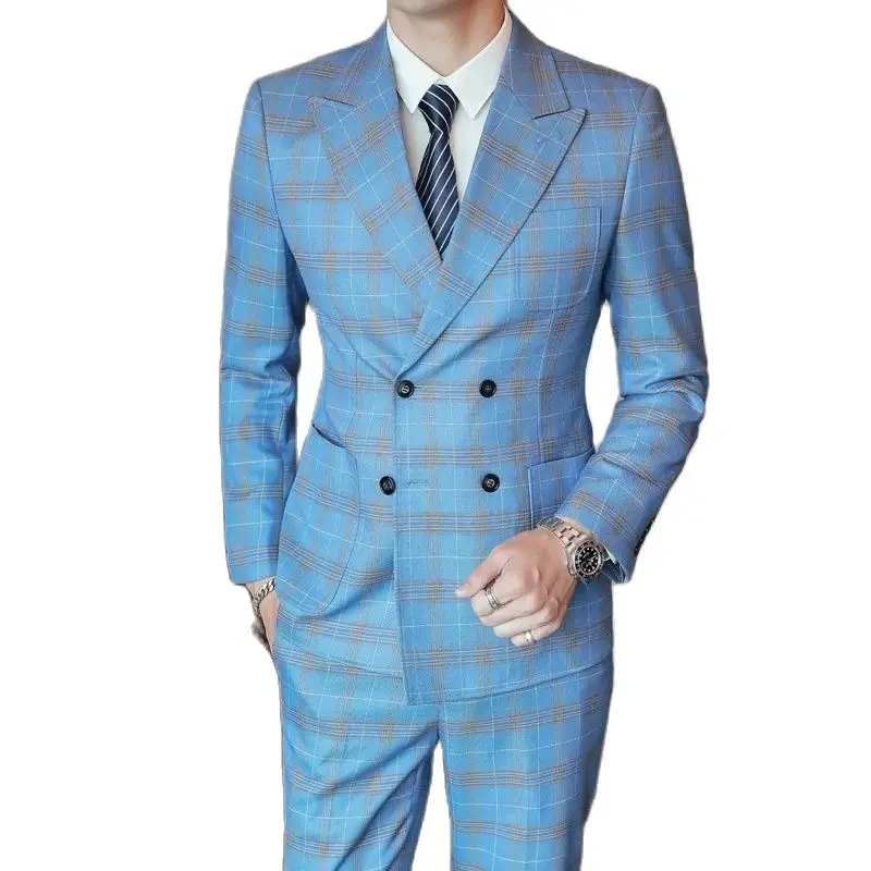 

Luxury High-end Fashion Sky Blue Plaid Peaked Lapel Double-breasted Men's Business Casual Suit 2 Pieces Set Groom Wedding Tuxedo
