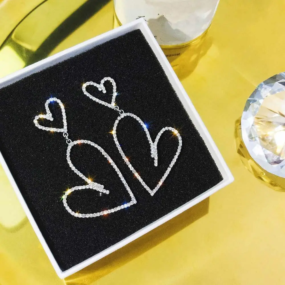 Серьги-гвоздики с блестящим кристаллом в форме сердца стразы большие висячие