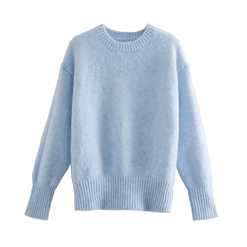 

Blue Ribbed Knitted Sweaters Women O Neck Long Sleeve Casual Winter Sweaters Top Woman Fashion Streetwear Pullovers 2021