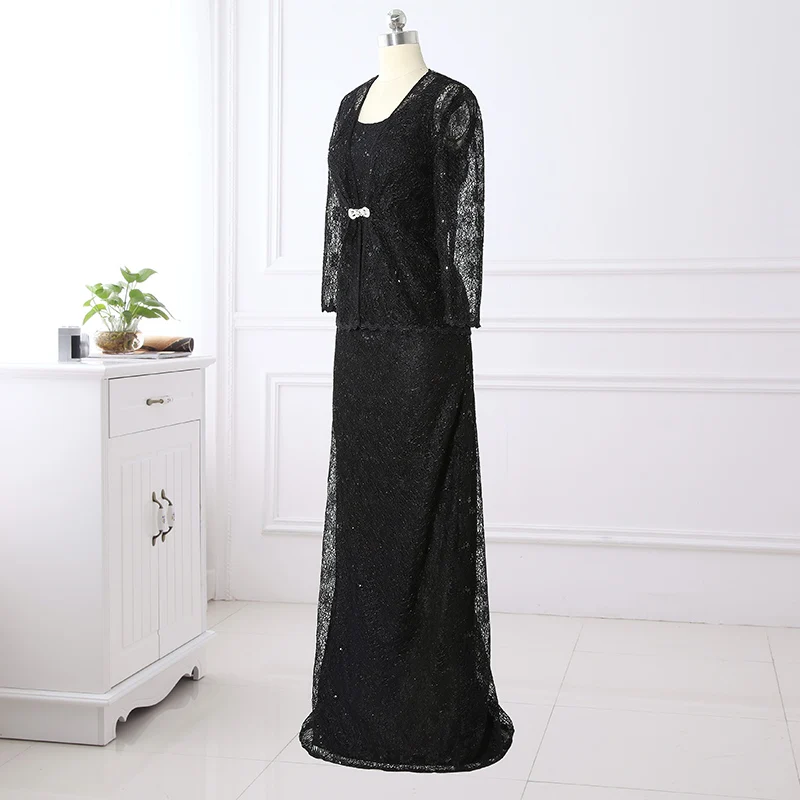 Ампир совок шеи длиной до пола кружева вечерние платья с кристаллами брошь Мать