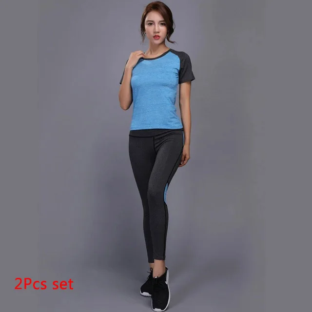 Blue 2 Pcs Set Комплект для йоги OLOEY из 2 предметов, одежда для спортзала, фитнеса, теннисная рубашка+ штаны для бега, облегающие Леггинсы для йоги и тренировок, спортивная одежда для женщин - Цвет: Blue 2 Pcs Set