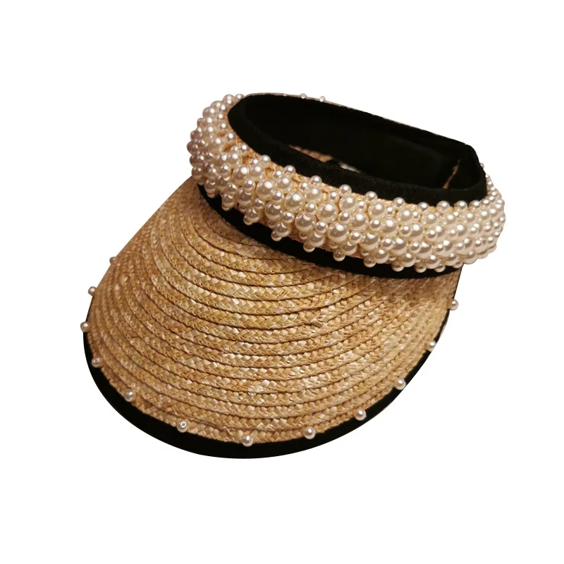 New Elegant Handmade Wheat Straw And Pearl Empty Straw Sun Hats For Female Summer Sunshade Korean Seaside Beach Visor Visera Hat images - 6