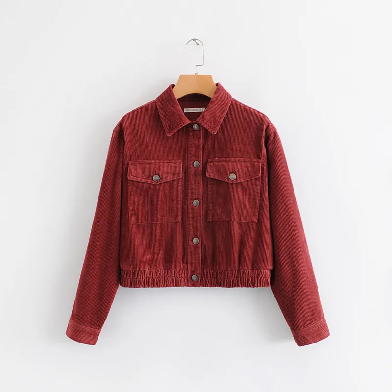 Женская Вельветовая винно красная бежевая куртка с карманами и длинным рукавом