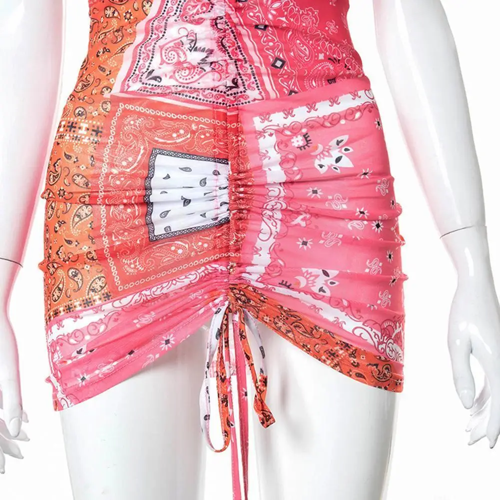 

Sexy Tight Mesh Print Strappy Party Dresses Drawstring Dress Outfit Club Mini Sleeve Transparent Mesh Dress Flare Long For V2h6