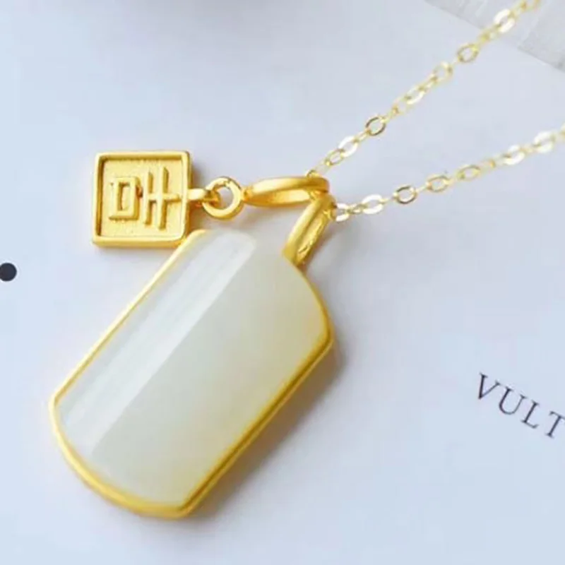 

SNew silver inlaid natural Hetian jade square brand Wusi brand Ji word pendant necklace Chinese retro women's brand jewelry