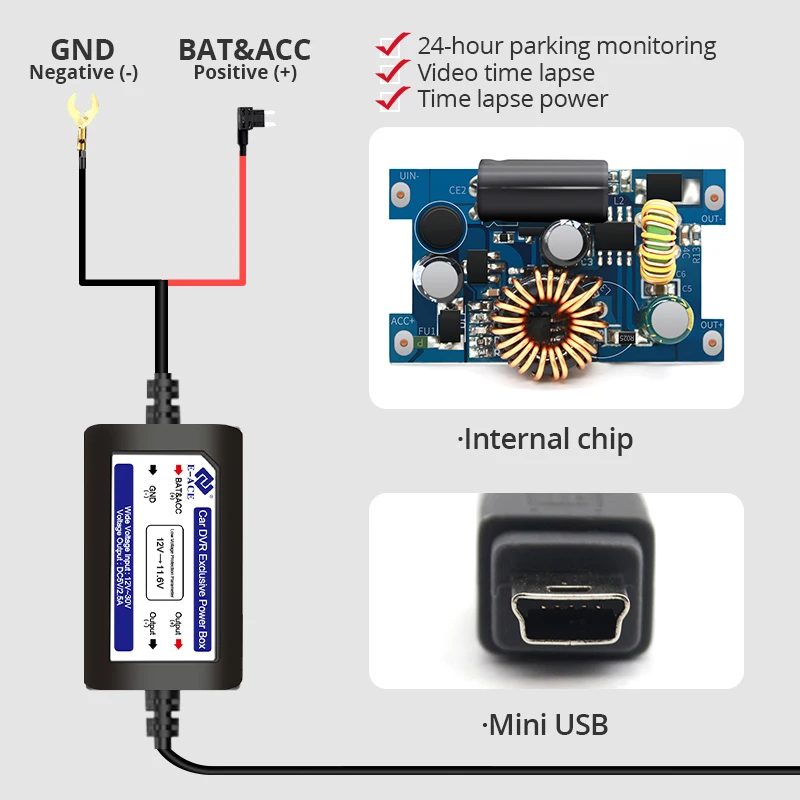 E-ACE Z01 Buck Line Mini Car Charger Hard Wire Hardwire Kit for Dash Cam Reaview Mirror 24H Parking Monitoring Cars Accessories |
