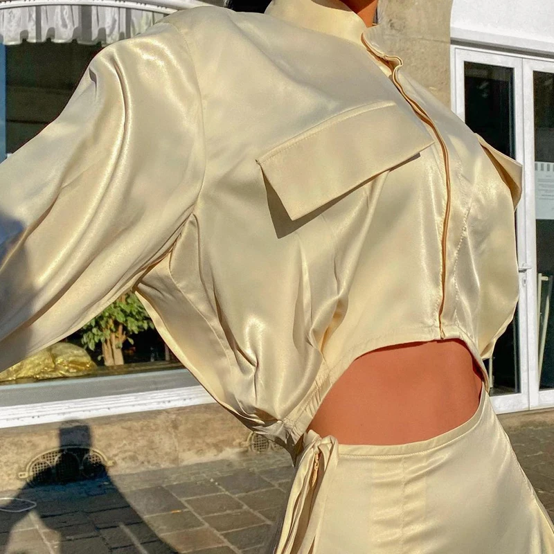 

Summer Sexy Cropped Shirts Women Vintage Flare Long Sleeve Stand Collar Satin Blouse 2 Piece Set Lady Lace Up Pleated Mini Skirt