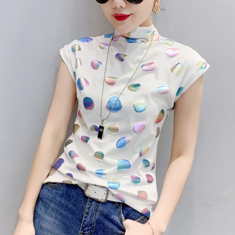 

LJSXLS летняя модная облегающая футболка в горошек с высоким воротником Женская футболка с коротким рукавом футболки большого размера Женска...