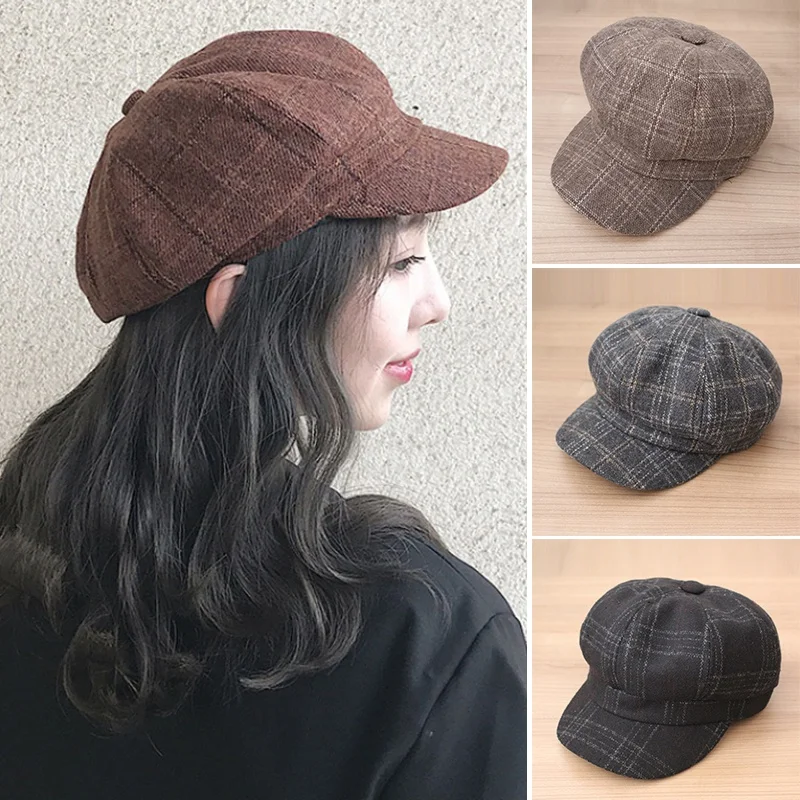 

Plaid Print Berets For Women Winter Outdoor Warm Woolen Caps Fashion British Style Octagonal Hat Painter Hats