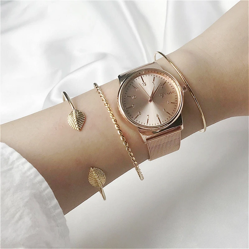 

Trendy Gold Color Bangles Jewelry Cuff Bracelet Open Geometric Leaves Charm Bangles For Women Accessories 3pcs