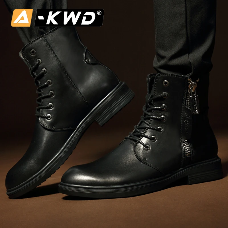 2019 Winter Lace Up Punk Style Zippers Motorcycle Biker Boots Genuine Leather Men British High Top Male Footwear Plus Size 38-44 | Обувь