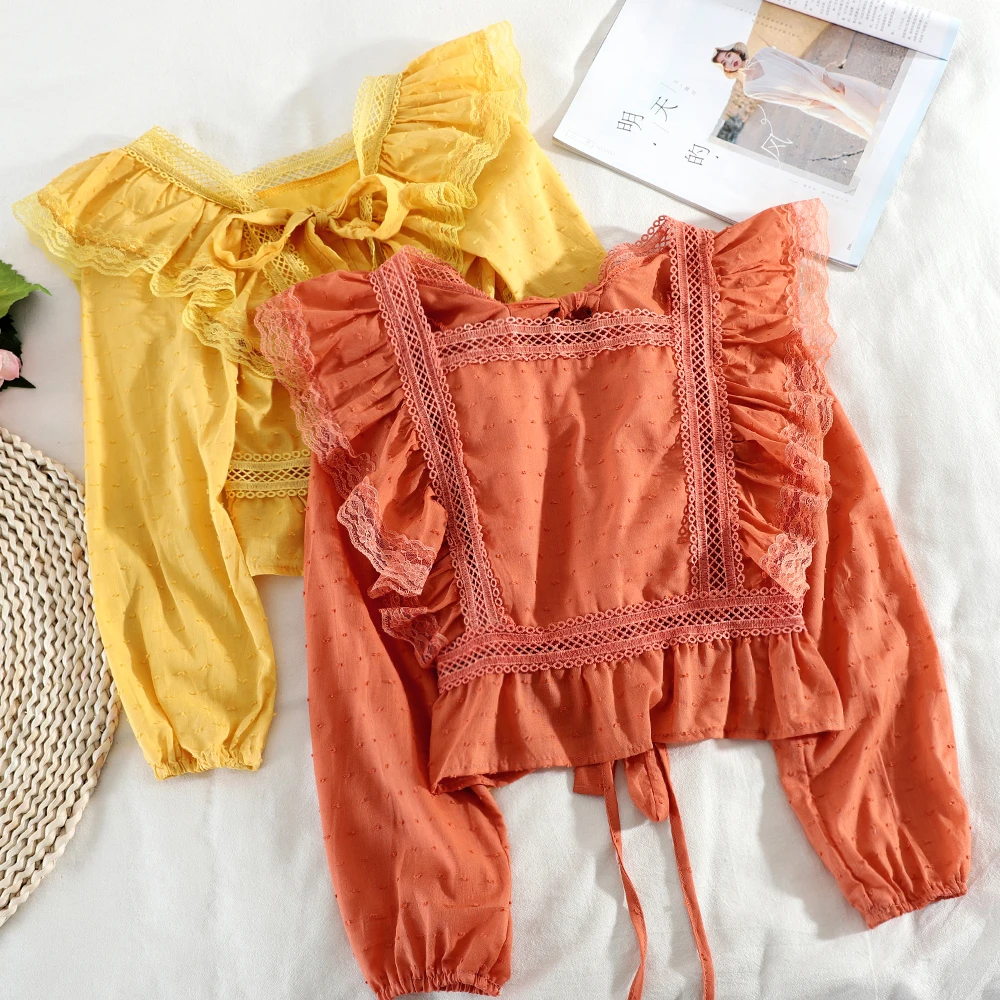 Женская Осенняя блузка с бантиком кружевная оборками укороченный топ длинными