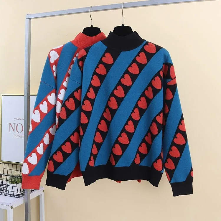 

Fashion Women Sweater Love Heart Pattern Long Sleeve Knitwear Autumn Winter Japanese Harajuku Female Casual Pullover Knit Tops