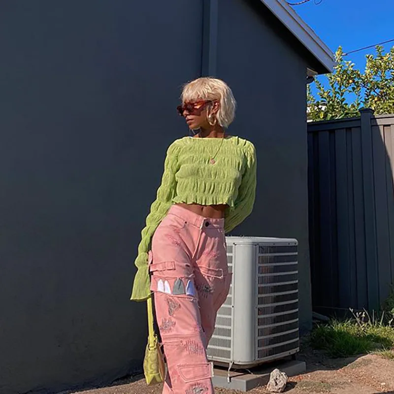 

2021 Autumn Women's New Korean Style Pleated Round Neck Long-sleeved Belly Button All-match Women Y2k Aesthetic