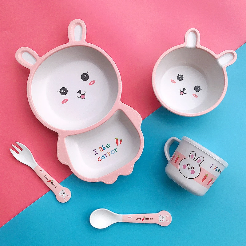 

Children's Dinner Plate Spoon Fork Cup Set Cartoon Complementary Food Bowl Baby Eating Divided Plate Children's Tableware Set