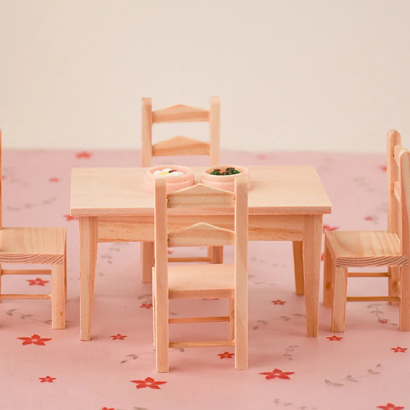 

5Pcs/Set 1:12 Dollhouse Wooden Miniature Furniture Rectangle/Square Dining Table Chair Model Set Dollhouse Furniture Decoration