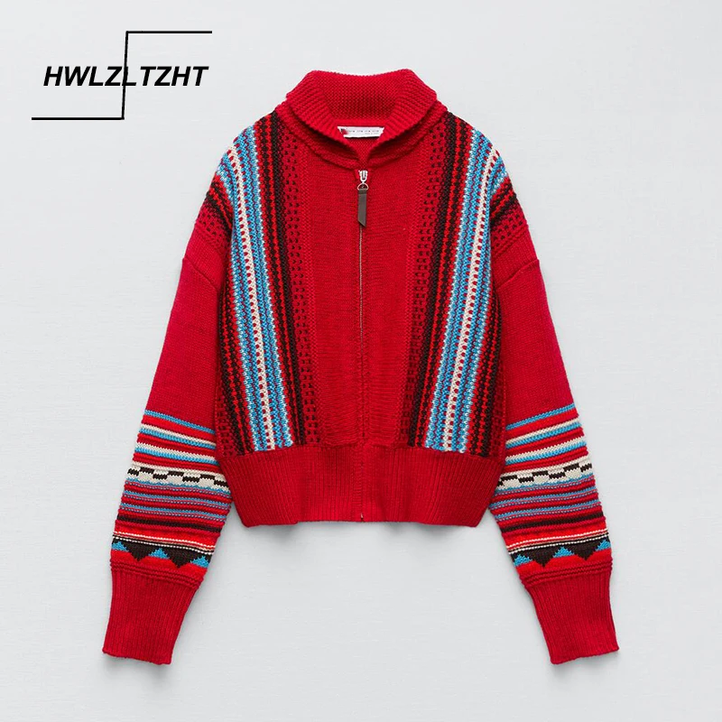 

HWLZLTZHT 2021 Knit Jacquard Cropped Cardigan Women Long Sleeve Striped Vintage Knitted Coat Woman Winter Loose Warm Sweaters