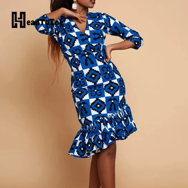 

Geometric Colorblock Print Ruffles Fashion Dresses for Women Three Quarter Sleeve V Neck Knee Length Skinny Slim Dress Women