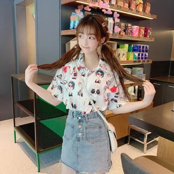 Women Fashion Retro Summer Shirt Slim Short Sleeve Blouses Lapel Single Buckle Casual Tops Clothes 1