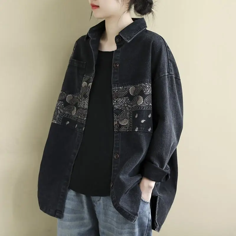 

Retro Loose Literary Long-sleeved Shirt Hot-selling Spring and Autumn 2021 New Lapel Stitching Printing All-match Casual Denim J