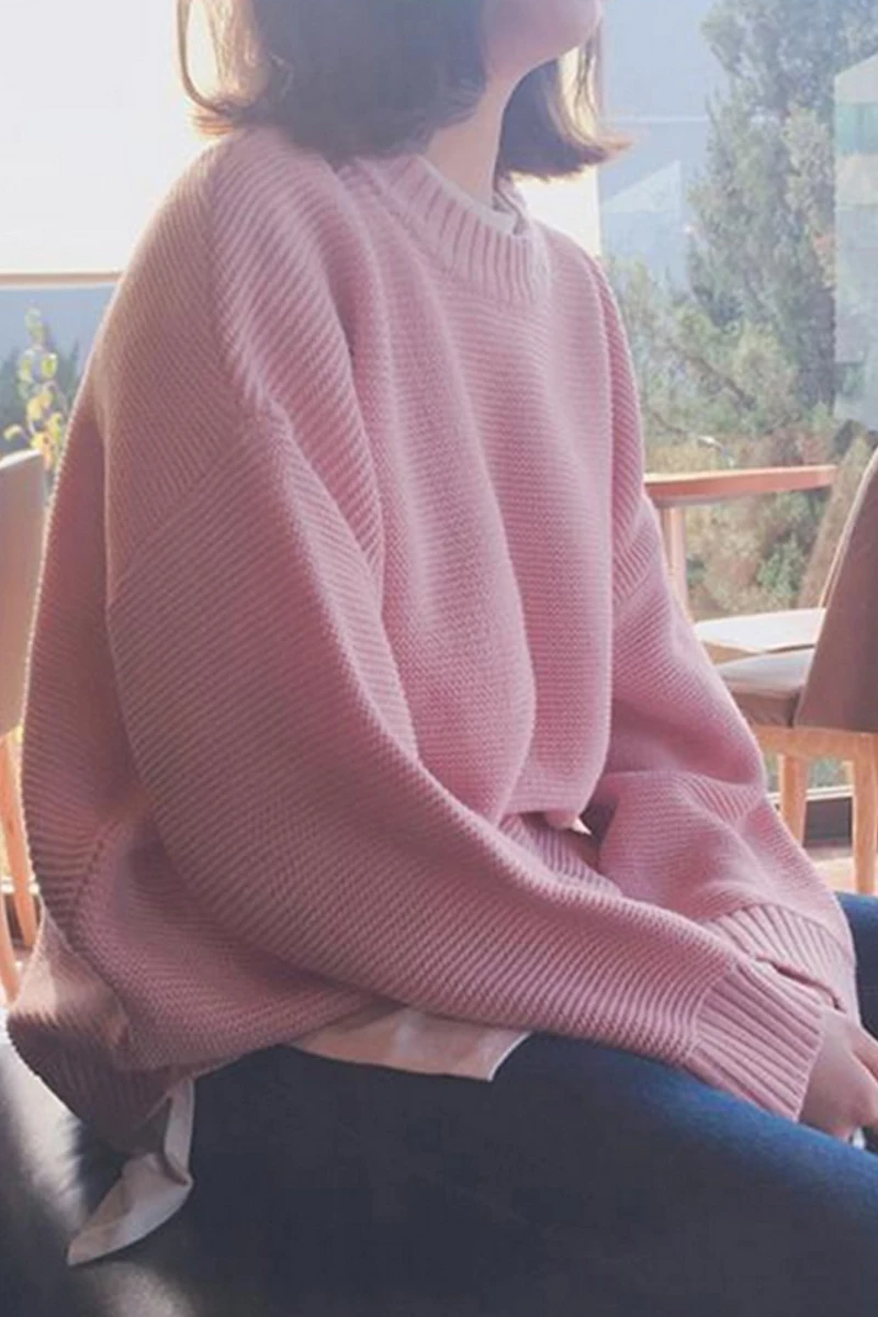 

Autumn Harajuku Women's Sweaters Sweet Style Casual O Neck Drop Shoulder Loose Solid Color Knited Pullovers Student Cute Jumper