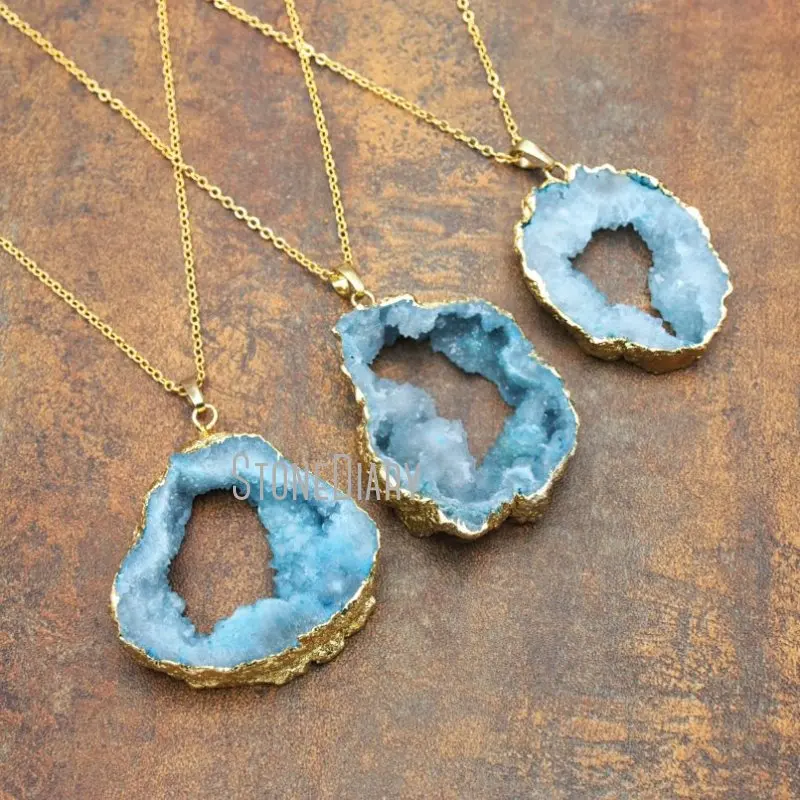 

NM12399 Blue Agates Geode Necklace Gold Plating Irregular Shape Necklace 18inch-32inch