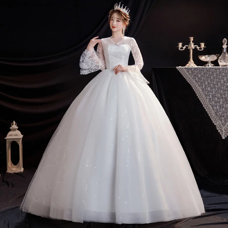 Фото Popodion свадебное кружевное платье с v-образным вырезом Свадебное длинным рукавом es