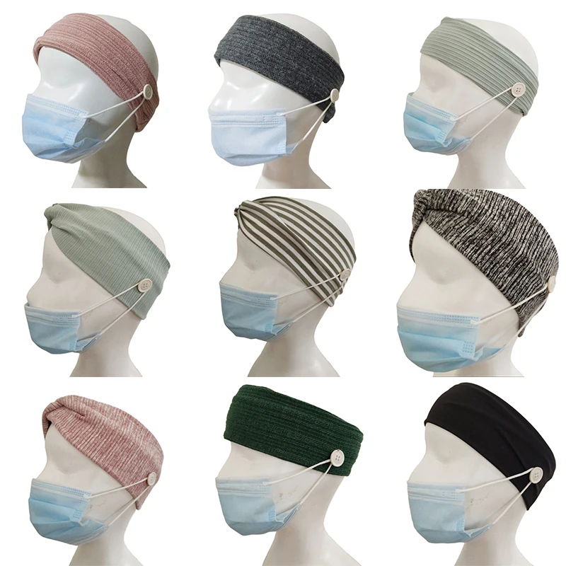 

Women Button Cotton Headband Holder With Headband Female Turban Elastic Bandanas