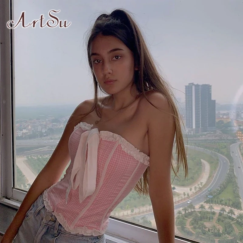 Милый розовый кроп топ ArtSu Kawaii без бретелек с бантом Тонкий Топ женский короткий