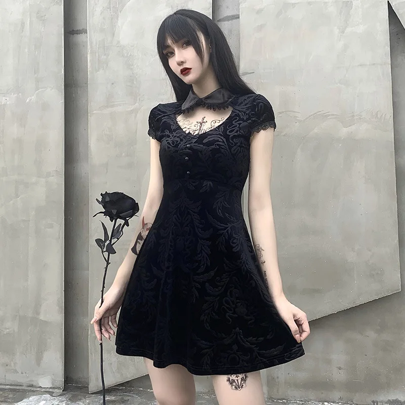 

2020 New Black Gothic lolita Mini Dress Retro Harajuku women Hollow Out Short Sleeve Velet party dress Streetwear