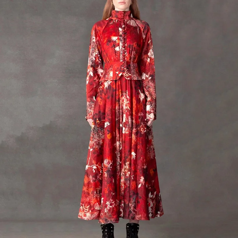 

MSXU Long Dress Fashion 2021 Spring New Women'S Vintage Elegant Lapel Lantern Sleeve Button Printing Party Dresses Vestido