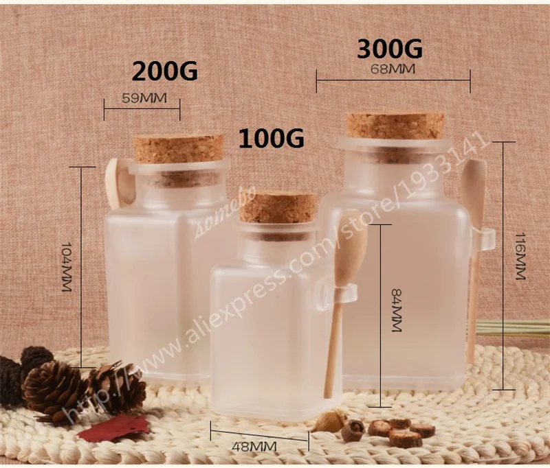 

10 X 100G,200G,300G ABS Bath Salt Bottle, Powder Plastic Bottle with Cork Jar with Wood Spoon, Bath Salt Packaging Bottle
