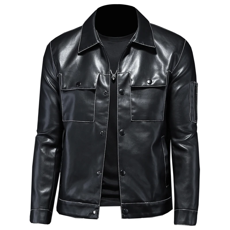 

Fall 2021Men's Lapel Multi-Pocket Leather Trendy Motorcycle Leather Jacket Coat British Simple Zipper Slim Casual Male Clothing