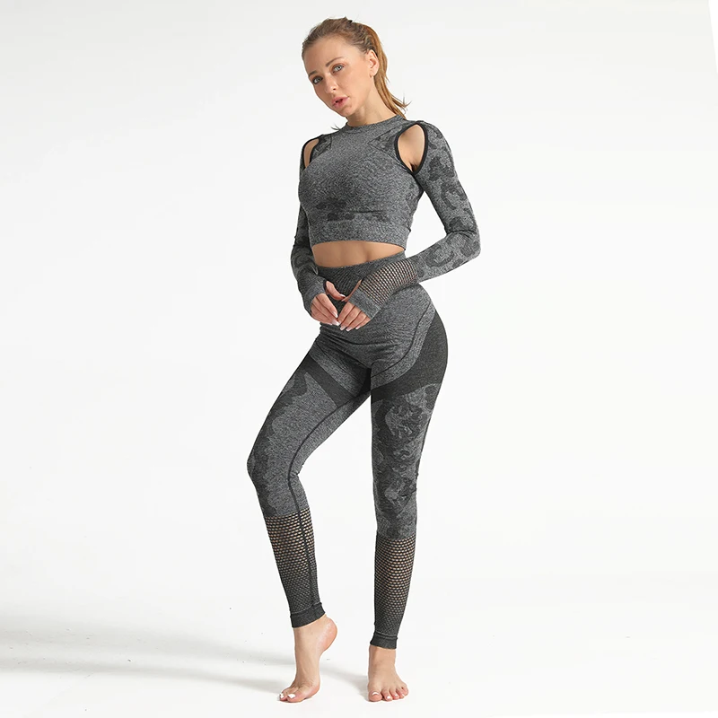 

Yoga Set Camouflage Hollow Out Seamless Shirt and Fitness Leggings Workout Colthing Gym Running Squat Proof Tight Sports Wear