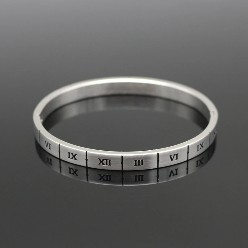 

Hot Women Luxury Stainless Steel Zircon Bracelet Carving Black Roman Bangle For Women Fashion Jewelry