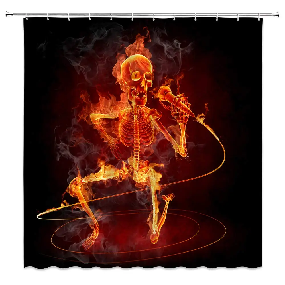 Пламя Скелет занавески для душа Декор череп Холдинг знак ветер пение страсть рок