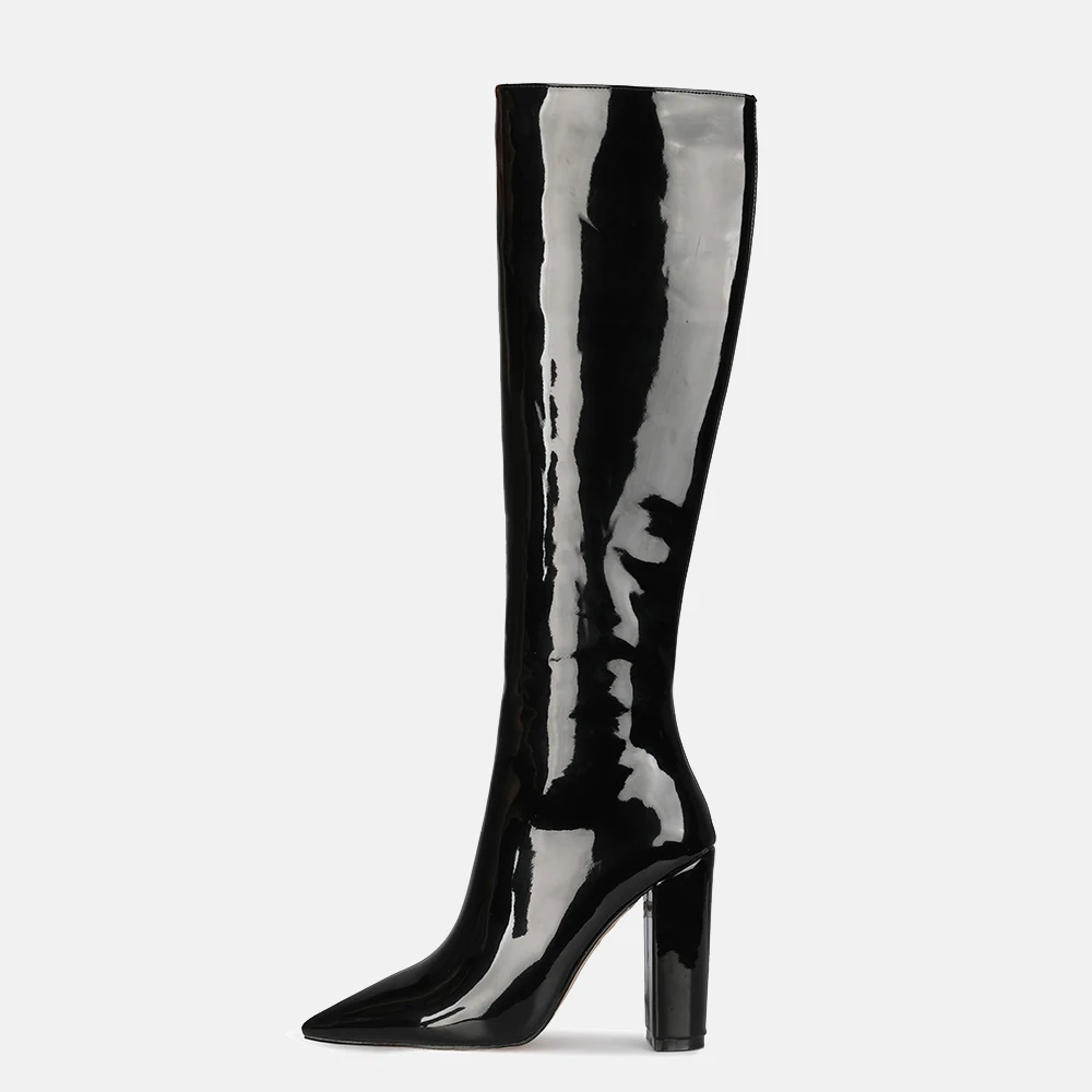 

2022 Spring Autumn Woman Sexy Fashion Boots Bling Knee High Patent Leather Pointed Toe Boots Chunky Heels 11CM Show Zipper Shoes