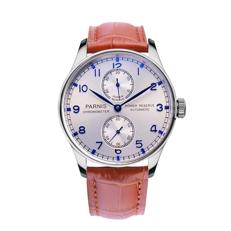 2 Parnis 43mm Silver Case Automatic Mechanical Men's Watch Power Reserve Black Leather Strap Men Watches heren horloge Luxury - Цвет: 2