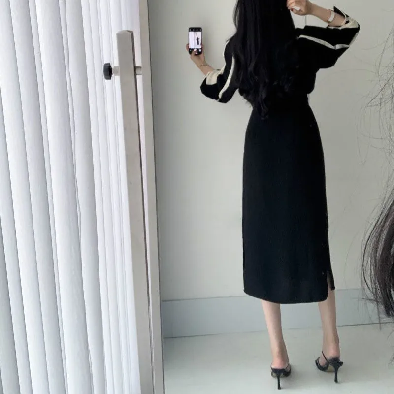 

Women's French Style Dress Patchwork V-Neck Lantern Sleeve High Waist Straight Mid-Calf Dresses with Sash Autumn Spring 2021